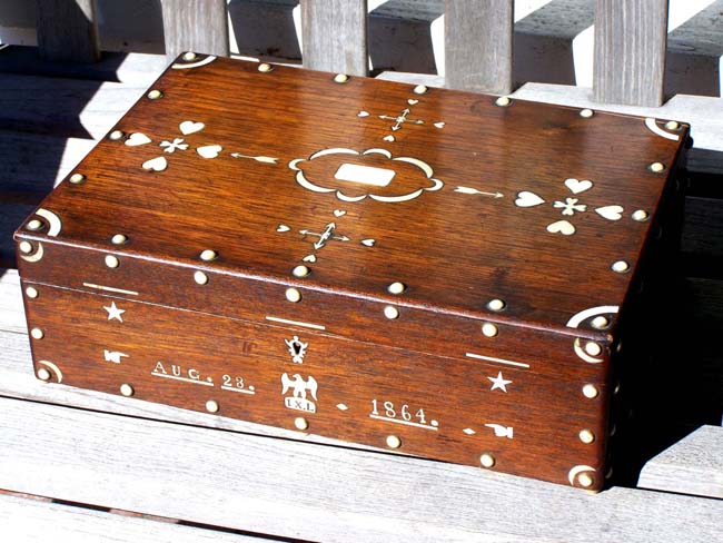 A Charming 19th century Sailor Made Folk Art Sewing Box with Ivory Inlays dated 1864 — image 8